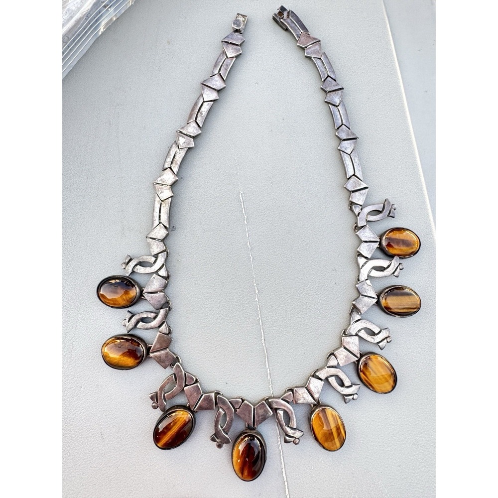 Los Ballesteros Taxco Tiger's Eye Sterling Silver 16"Necklace 103.35g